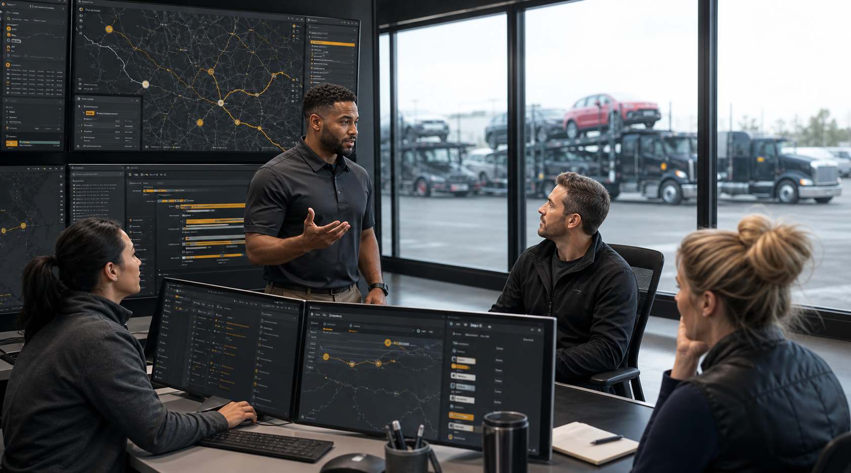Vehicle transport dispatch team working in an operations center
